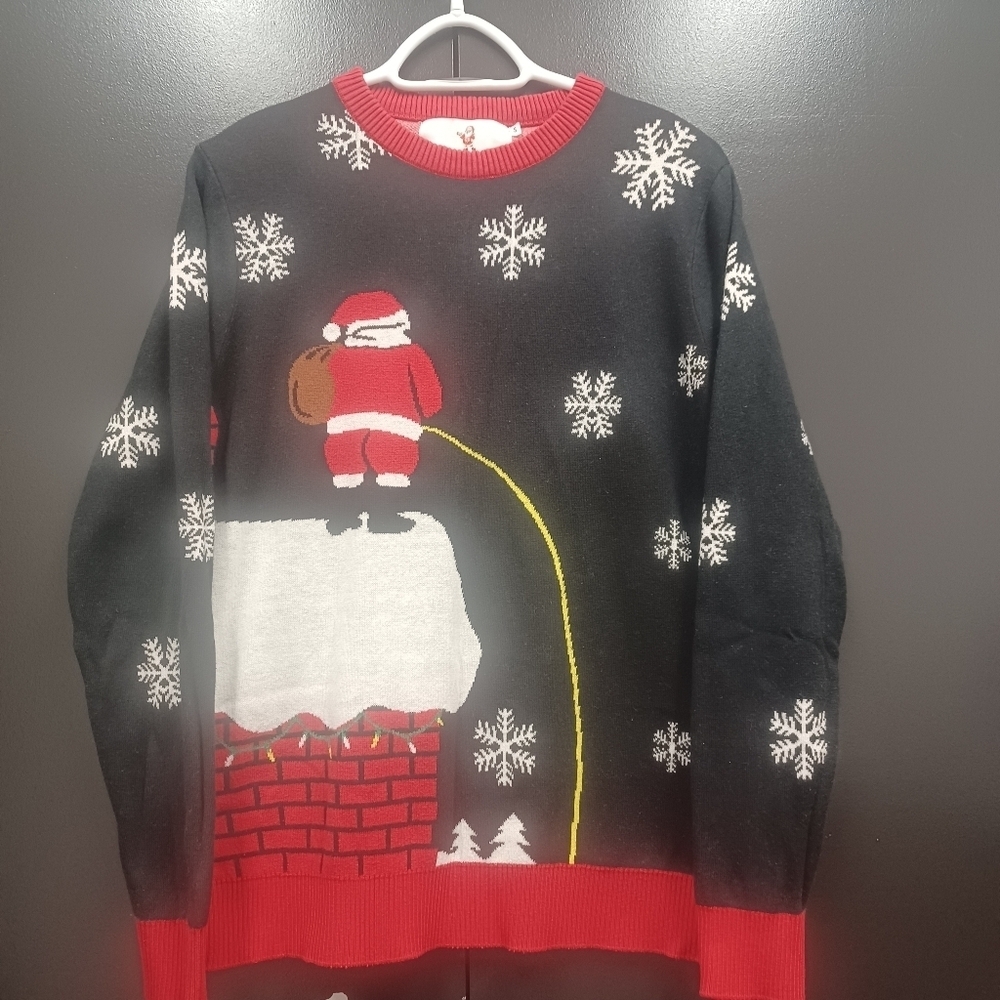 Festive Santa Ugly Rude Sweater - Santa Peeing Of A Rooftop Black and Red